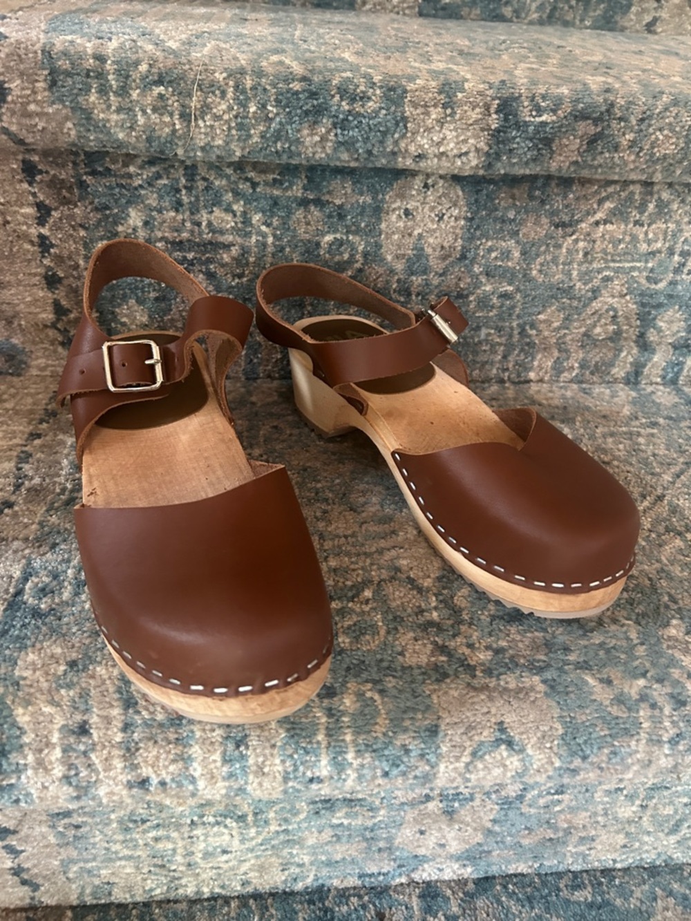 Mia Shoes Brown Leather Open-Back Clog Sandals with Ankle Strap